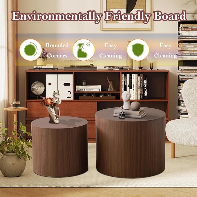 Stylish Nesting Coffee Table Set of 2, Elegant Chic Round Wooden Center Table - Smooth Finish & Easy to Clean, No Assemble Needed (G)