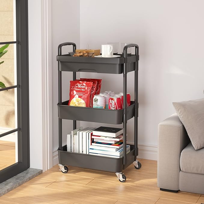 Calmootey 3-Tier Rolling Utility Cart with Drawer,Multifunctional Storage Organizer with Plastic Shelf & Metal Wheels,Storage Cart for Kitchen,Bathroom,Living Room,Office,Black-NeatNest