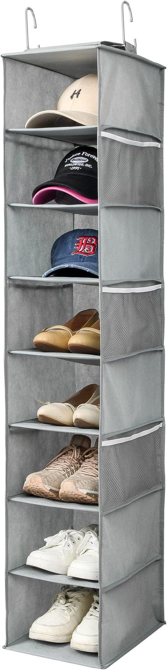 Hanging Shoe Organizer for Closet with Side Mesh Pockets，Hat Racks for Baseball Caps，Shoe and Hat Holder & Storage，8-Shelf，Gray，1 Pack-NeatNest