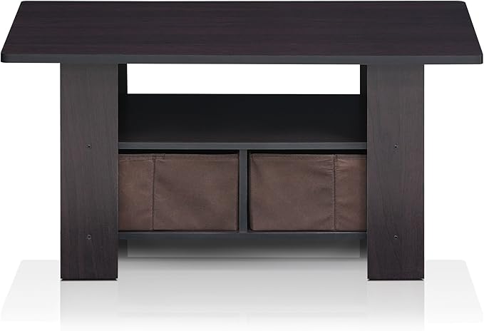 Furinno Andrey Coffee Table with Bin Drawer, Dark Walnut-NeatNest