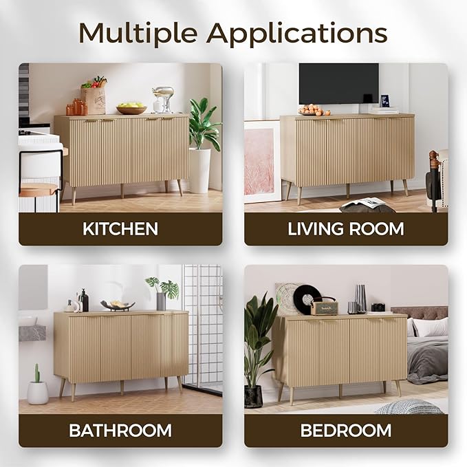 47.2" Sideboard Buffet Cabinet with Storage, Modern Fluted Accent Credenza with 4 Doors, Buffet Media Console Entryway Cabinet with Adjustable Shelve for Living Dining Room Hallway, Natual Oak-NeatNest