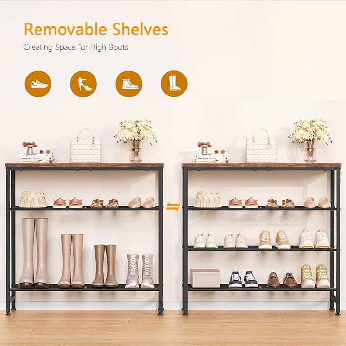 usikey 4-Tier Shoe Rack, Industrial Shoe Storage Organizer for 9-12 Pairs of Shoes, Metal Shoe Shelf with Wooden Top, Shoe Stand with 3 Metal Shelves for Entryway, Hallway, Closet, Rustic Brown-NeatNest