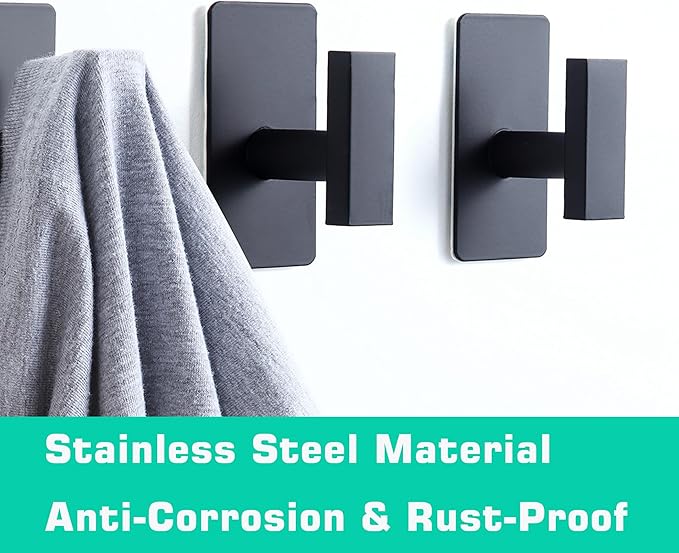 (4-Pack) Matte Black Adhesive Towel Hooks, Stainless Steel Adhesive Wall Hooks for Bathroom Kitchen Hanging Towels, Coats, Robes, Clothes