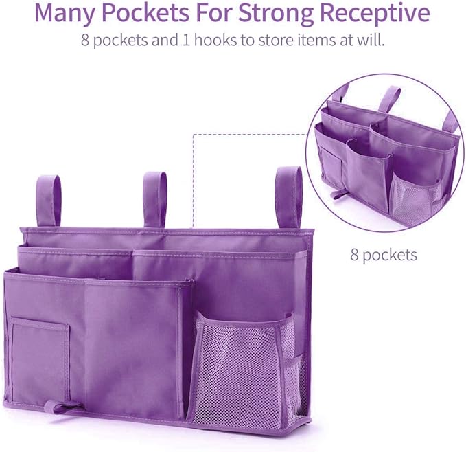 Bseash Bunk Bed Organizer, Bedside Caddy Hanging Bed Organizer Storage Bag 8 Pockets, for College Dorm Rooms Bed, Hospital Bed, Baby Bed Rails, 600D Oxford Cloth (Purple)-NeatNest