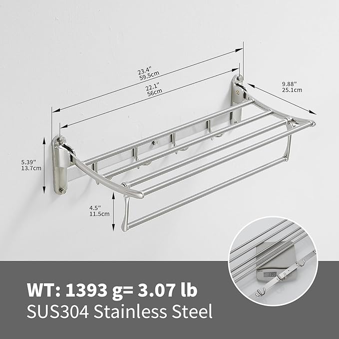 BESy 24 Inch Brushed Nickel Towel Racks, Bathroom Towel Shelf with Foldable Towel Bar Holder and Towel Hooks, Wall Mounted Multifunctional Bathroom Accessories, Double Towel Bars-NeatNest