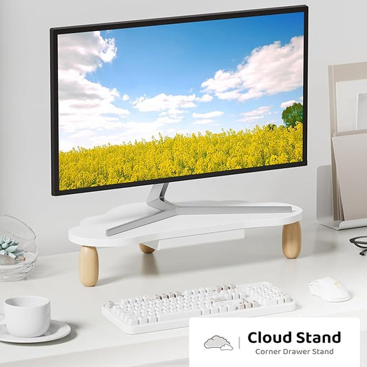Cloud-Shaped Sturdy Wood Computer Monitor Stand Riser With Drawer, Multi-Purpose Desktop Organizer-NeatNest