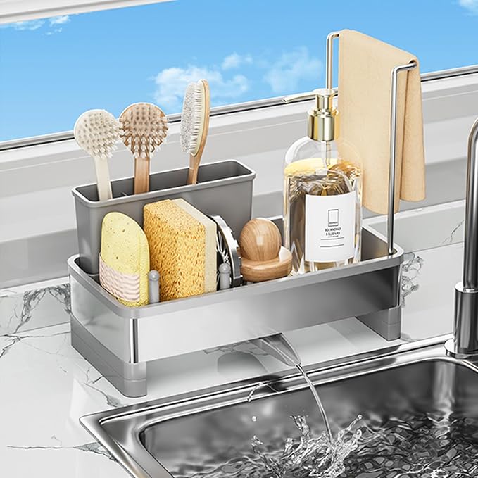 Sponge Holder for Kitchen Sink,Sink Caddy Organizer with Removable Brush Holder,Kitchen Countertop Soap Dispenser Storage with Detachable Towel Rack, Grey-NeatNest