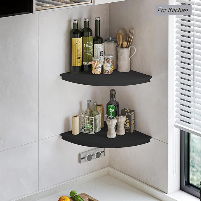 HAO Floating Corner Shelf Invisible Wall Mounted Shelves Radial Shape Cable Wire Hole Pattern Perfect for Bedroom Bathroom Living Room Kitchen Set of 2 Black-NeatNest