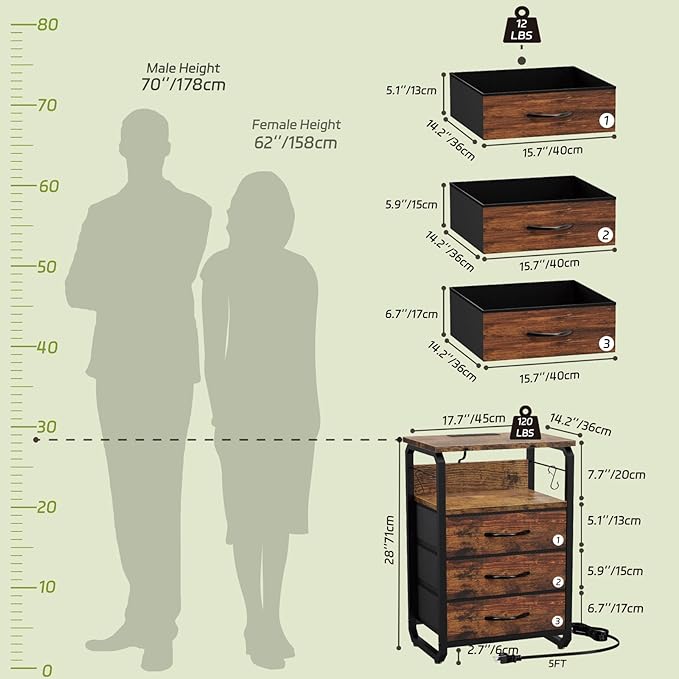 Tall Nightstand Set of 2 with Charging Station, Bed Side Tables Bedroom Set of 2, LED Night Stand Set 2, Bedside Table with Drawers, Night End Table with Storage for Bedroom, Dorm Rustic Brown