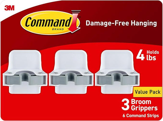 Command Broom and Mop Grippers, 3 Hangers and 6 Command Strips, Damage-Free Hanging Wall Mount Broom and Mop Holder, Household Cleaning Organizer for Organization and Storage, Holds up to 4 lb-NeatNest