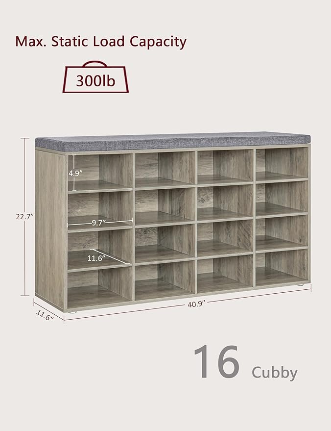 DINZI LVJ Shoe Storage Bench with Cushion, 16-Cubby Shoe Rack, Adjustable Shelves, Multifunctional Shoe Organizer Bench for Entryway, Mudroom, Hallway, Living Room, Bedroom and Garage, Gray Wash-NeatNest