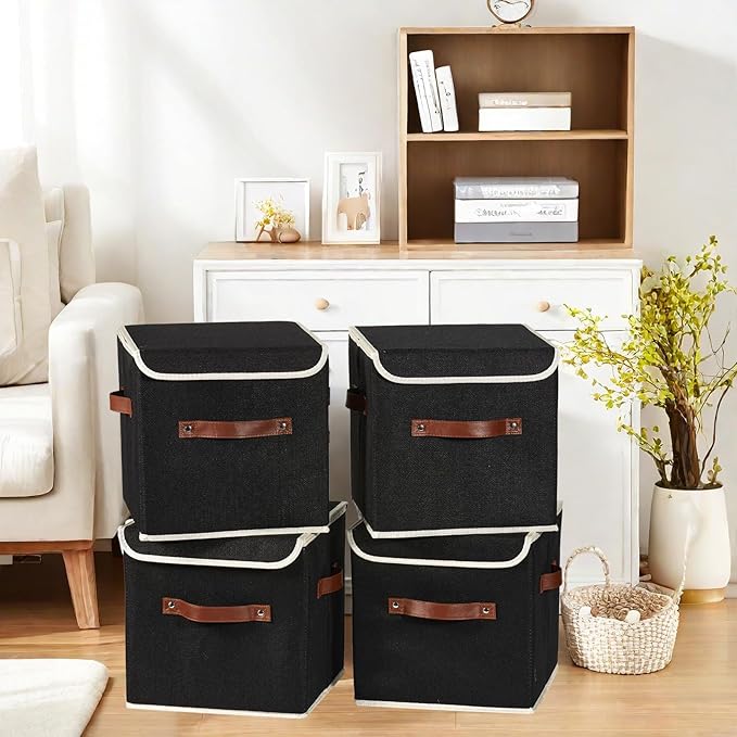 2PCS Storage Cubes with Lid Fabric Storage Bins Boxes PU Leather Handles Cotton Linen Closet Organizer Container Decorative Foldable Washable Shelf Cloth Basket (Flip-top Lid, Black, 11in)-NeatNest