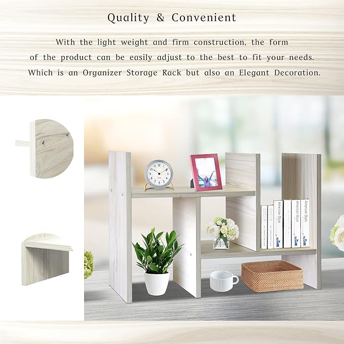 J.M.Deco Desktop Organizers and Storage for Office, Adjustable Desk Organizer Shelf Double H Display, True Natural Stand Shelf, Desktop Organizer White Wood Tone-NeatNest