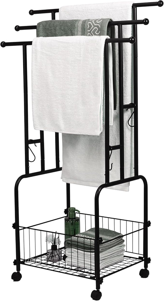 42" Tall Bathroom Towel Rack, Standing Towel Racks, 3 Tier Towel Holder with Storage Basket & 4 Hooks, Indoor Outdoor Freestanding Towel Racks with Anti-Skid Wheels, Pool Towel Blanket Stand