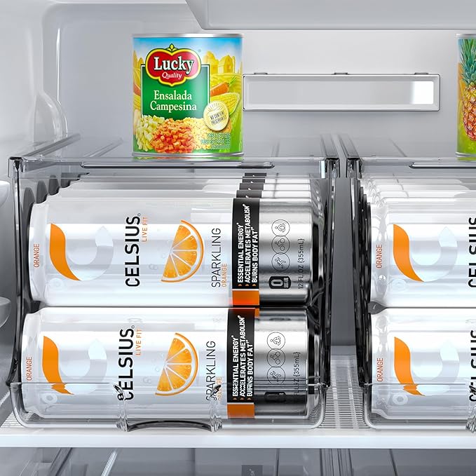 2 Pack Skinny Can Organizer for Refrigerator, Stackable Tall Skinny Soda Pop Can Holder Dispenser with Lid for Fridge Pantry Rack Freezer, Clear Plastic Storage Bins-Holds 12 Slim Cans Each