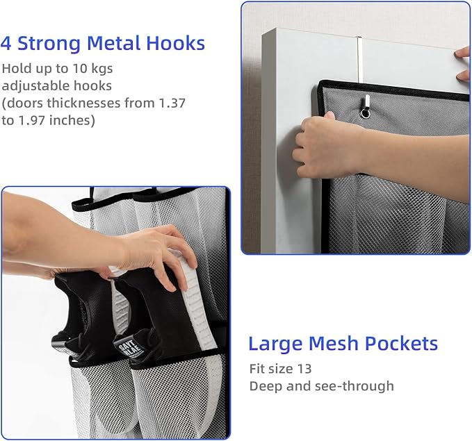 KEEPJOY Over the Door Shoe Organizer, Hanging Shoe Organizer with 4 Hooks,Door Shoe Holder with 14 Mesh Deep Pockets Closet Door Shoe Storage Bag (Grey-2Pack)-NeatNest