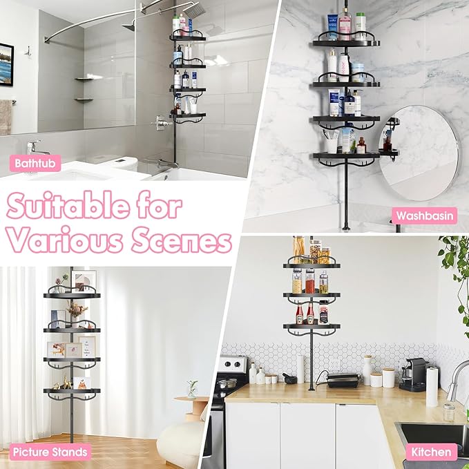 Corner Shower Caddy, Rustproof ABS Shower Shelves with 32-125 Inch Steel Poles, Drill Free Shower Organizer, 4 Layer Adjustable Shelves with Tension Pole for Storage, Black