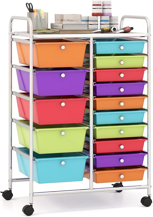 Giantex 15-Drawer Organizer Cart Office School Storage Cart Rolling Drawer Cart for Tools, Scrapbook, Paper (Multicolor)