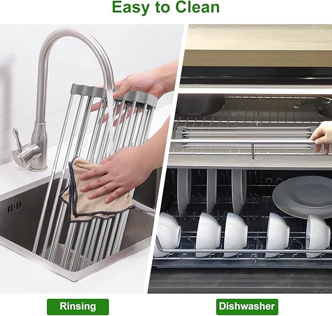 Dish Drying Rack Expandable Up to 23.6", Roll Up Over The Sink Dish Drying Rack, Extra Large Stainless Steel Multipurpose Kitchen Sink Drainer - 23.6"(L) x 15.7"(W)