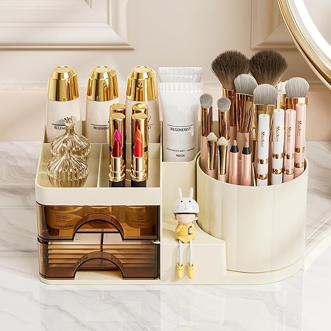 Makeup Organizer for Vanity with 2 Drawers,Countertop Rotating Makeup Brush Holder,Bathroom Organizer Holder,Cosmetic Display Case for Lipstick,Beauty,Skincare Organizer (Cream)-NeatNest