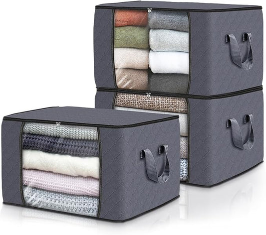 Fab totes 3-Pack Clothes Storage, Foldable Blanket Storage Bags, Containers for Organizing Bedroom, Closet, Clothing, Comforter, Organization with Lids and Handle, Grey-NeatNest