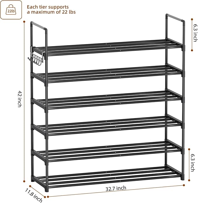 6 Tier Shoe Rack, Shoe Rack for Closet, Shoe Organizer for Entryway, Shoe Storage for Front Door Entrance & Entryway, Large Shoe Stand Holder Adjustable Shelf Height-NeatNest