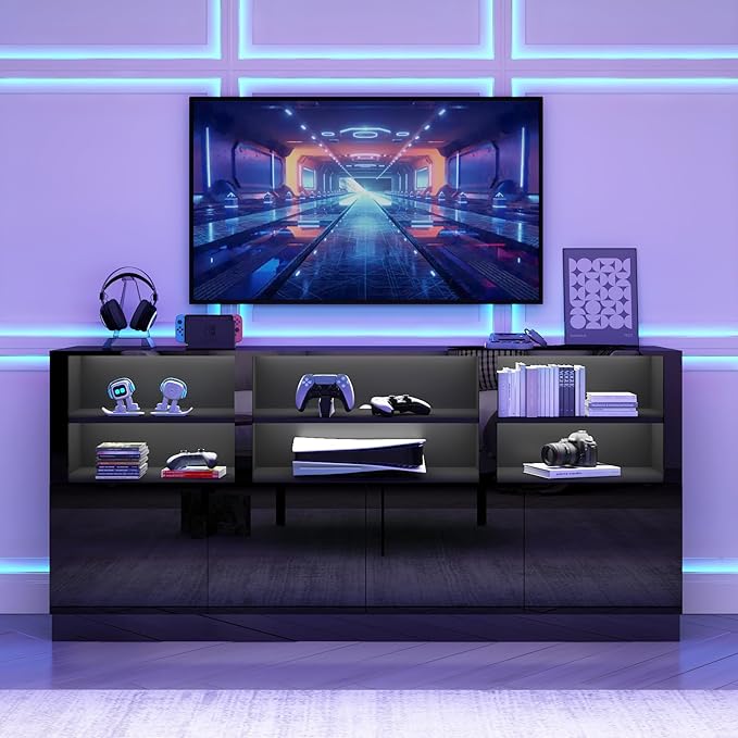 32'' Tall Black TV Stand for 65/75/80/85 Inch TVs with RGB LED Lights,Modern High Gloss Entertainment Center Cabinet Stands with Storage Shelves and Doors,TV Media Console Table for Living Room-NeatNest