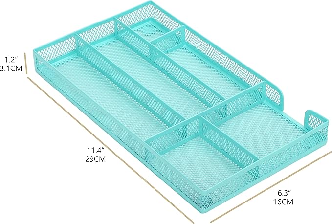 Annova Desk Drawer Organizer Tray for Office Organization - Metal Mesh - Storage Tray with Dividers for Pens, Desktop Accessories, Bathroom, Kitchen, Makeup and Office Supplies (Small, Turquoise)-NeatNest
