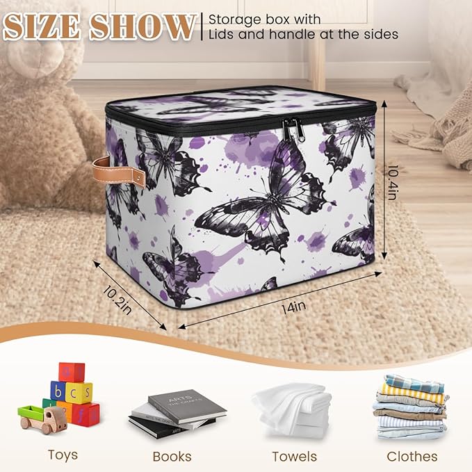 Butterfly Storage Bins with Zipper Lid, Watercolor Butterfly Lidded Storage Baskets Boxes Foldable Organizer with Leather Handles for Clothes Closet Shelf Toys-NeatNest