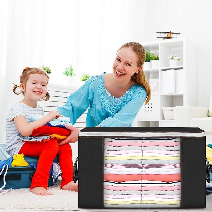 Budding Joy 90 L Large Storage Bags, 10 Pack Clothes Storage Bins Foldable Closet Organizers Storage Containers with Reinforced Handle for Clothing, Blanket, Comforters, Bed Sheets, Pillows (Black)-NeatNest