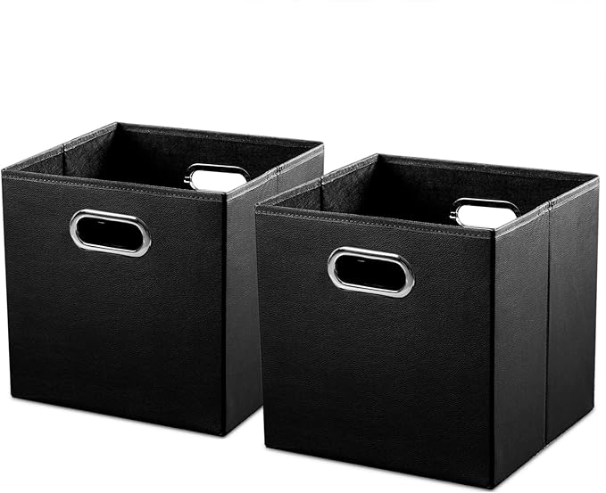 PRANDOM Leather Foldable Cube Storage Bins 13x13 inch [2-Pack] Fabric Storage Baskets Cubes Drawer with Cotton Handles Organizer for Shelves Nursery Closet Bedroom Clothes Black-NeatNest