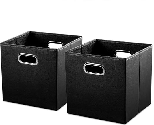 PRANDOM Leather Foldable Cube Storage Bins 13x13 inch [2-Pack] Fabric Storage Baskets Cubes Drawer with Cotton Handles Organizer for Shelves Nursery Closet Bedroom Clothes Black-NeatNest