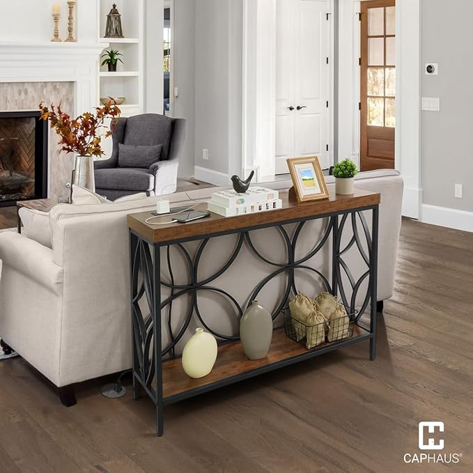 CAPHAUS 41” 2-Tier Industrial Sofa Console Thick Table w/Storage & Charging Station, Entrance Tableau w/ 2 Outlets, USB & Type-C Ports for Entryway, Living Room, Hallway, Foyer, Rustic, Butterfly-NeatNest