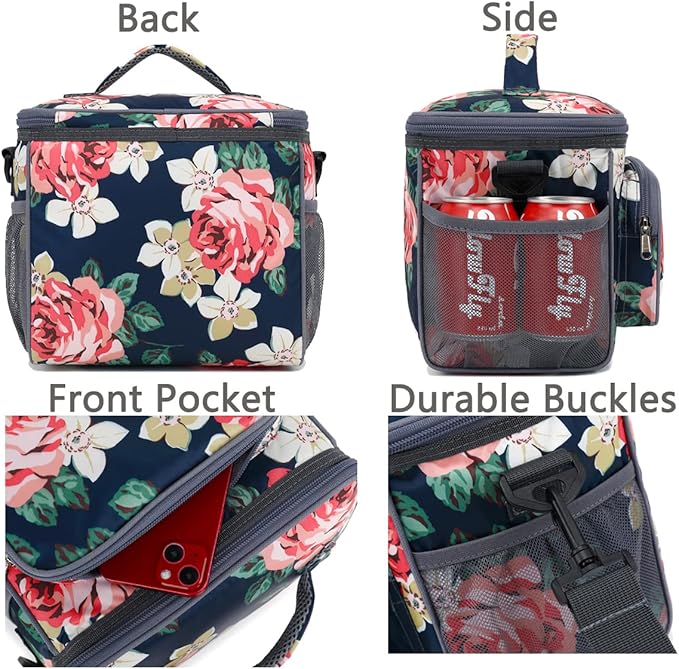 FlowFly Insulated Reusable Lunch Bag Adult Large Lunch Box for Women and Men with Adjustable Shoulder Strap,Front Zipper Pocket and Dual Large Mesh Side Pockets,Peony-NeatNest