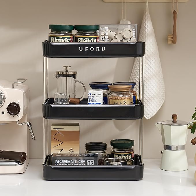 Countertop Coffee Station Organizer, 3 Tier Wine Glass Holder, Mug Shelf with Removable Drain Tray, Spice Rack for Kitchen, Bathroom Countertop Organizer, Black-NeatNest