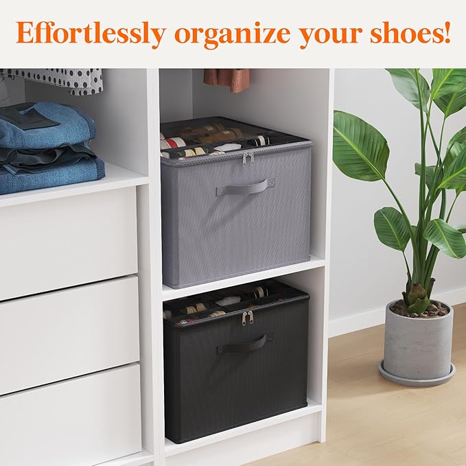 Lifewit Shoe Storage Organizer for Closet, Fits 12-16 Pairs, Large Shoe Box Storage Containers with Clear Cover and Reinforced Handles, Foldable Storage Bins Fit for Boots Heels Sneakers, 3 Pack Black-NeatNest