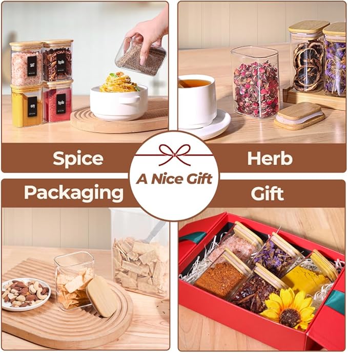 Comsaf Spice Jars with Label，8 oz Small Glass Jars with Lids, 6 Pcs Seasoning Containers, Rectangle Glass Containers with Lids, Empty Seasoning Jars for Pantry Storage, Loose Tea, Herbs, Powders, Salt-NeatNest