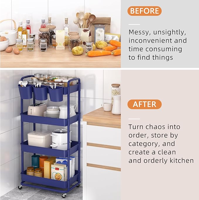 JIUYOTREE 4-Tier Plastic Rolling Storage Cart Utility Cart with Extra Hanging Cups Handles Lockable Wheels for Living Room Bathroom Kitchen Office Blue-NeatNest