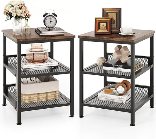 Giantex 3-Tier End Table Set of 2, Industrial Telephone Table with 2 Mesh Storage Shelves, Metal Frame, 16 Inch Square Sofa Side Table Nightstand for Living Room, Bedroom, Small Space, Rustic Brown