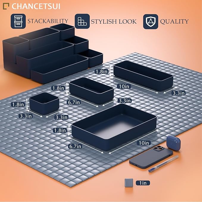 9 Pcs Stackable Drawer Organizer Trays Set, Multifunctional Stackable Storage Trays for Vanity, Bathroom, Kitchen, Desk Drawer Organizer Office. Plastic Drawer Organizers Available In 5 Colours, Blue-NeatNest
