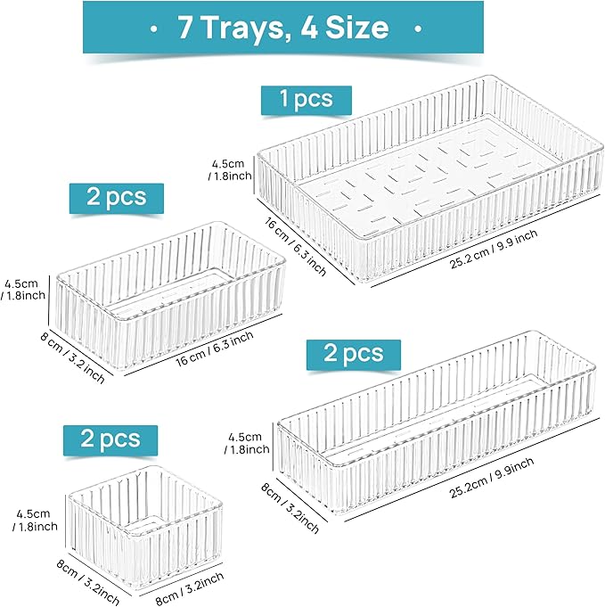 Vtopmart 7 PCS Clear Drawer Organizers Bins, 4-Size Stackable Makeup and Vanity Drawer Organizer Trays, Acrylic Bathroom Drawer Storage Containers for Cosmetic, Office Supply, Kitchen Utensils Gadgets-NeatNest