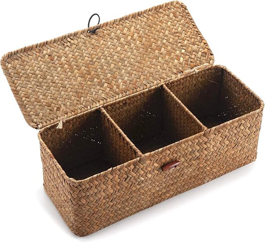 DOKOT Seagrass Woven Storage Basket with Lid, Rectangular Narrow Tampon Toilet Tank Organizer