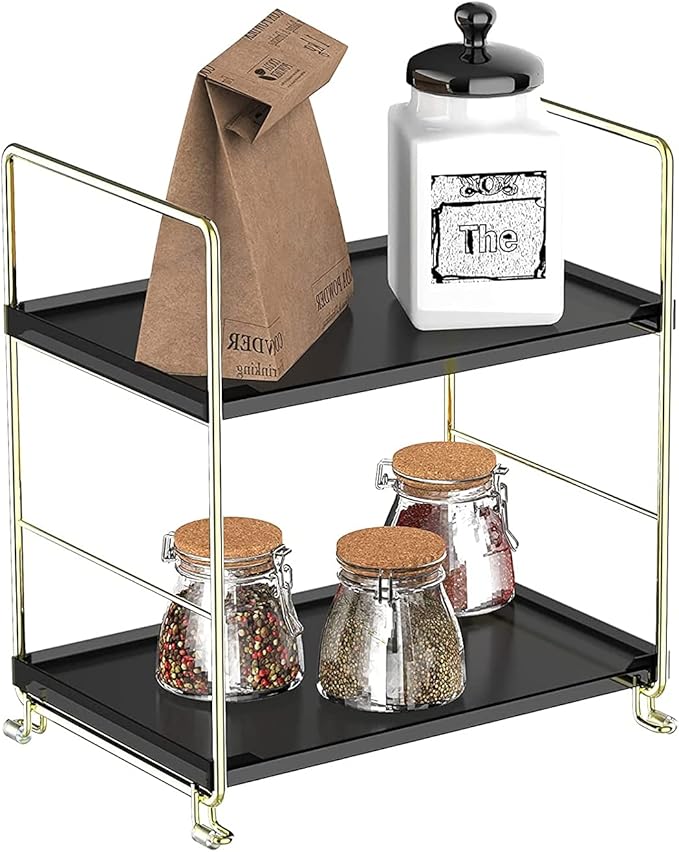 2-Tier Kitchen Spice Rack - Freestanding Stackable Organizer Shelf - Bathroom & Cosmetic Organizer - Square Standing Rack (Golden&Black)-NeatNest