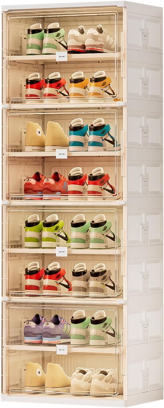 JEKO&JEKO 8 Tiers Foldable Shoe Rack Organizer Cabinet for Closet Entryway, Large Collapsible Shoe Storage Box with Magnetic Doors (White)-NeatNest