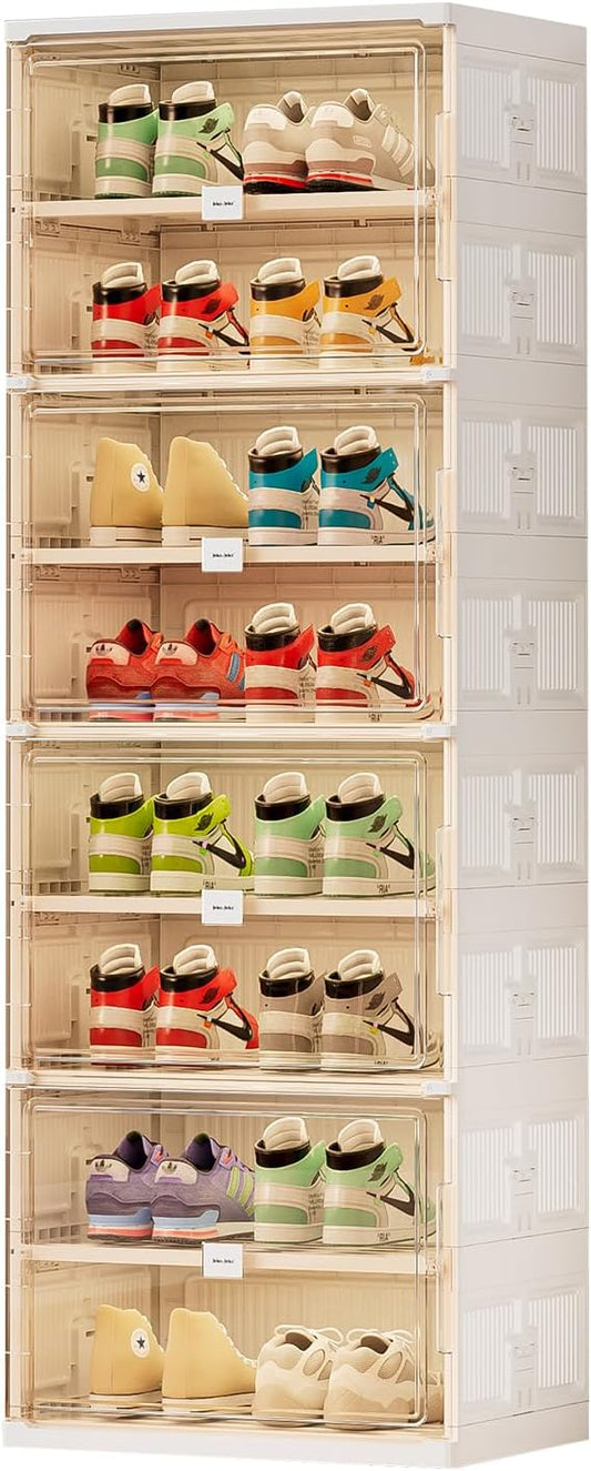 JEKO&JEKO 8 Tiers Foldable Shoe Rack Organizer Cabinet for Closet Entryway, Large Collapsible Shoe Storage Box with Magnetic Doors (White)-NeatNest