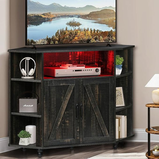 4 EVER WINNER Corner TV Stand with Led Light for 50 Inch TV, Corner Entertainment Center with Open Storage, Adjustable Shelves, TV Stands for Living Room, Bedroom, Rustic Oak-NeatNest