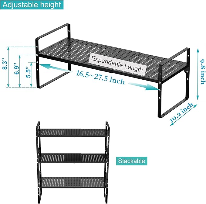 iPEGTOP 3 Pack Large Expandable Cabinet Storage Shelf, Heavy Duty Stackable Steel Metal Spice Rack Adjustable Height Home Office Pantry Garage Shelves for Counter Kitchen Organization, Black-NeatNest