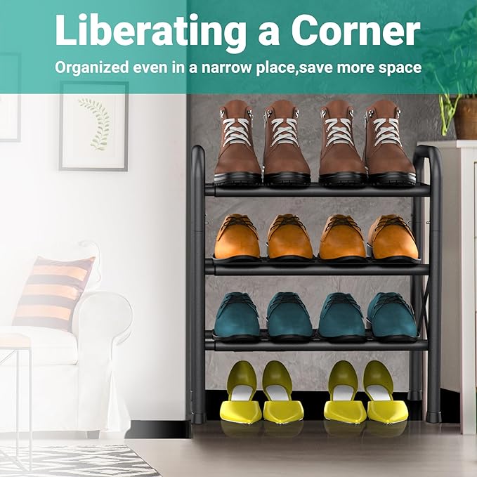 Shoe Rack for Small Closet, Black Shoe Organizer, Metal Adjustable Shoe Stand for Entryway Closet Doonway-NeatNest
