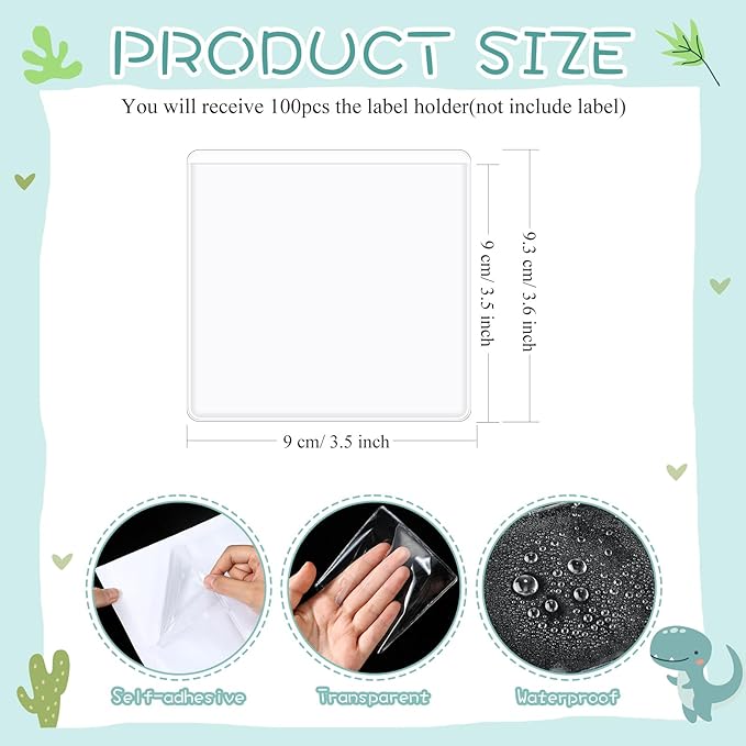 Jeyiour 100 Pcs Label Holders Adhesive Nameplate Pockets Storage Bin Labels Index Card Holder Shelf Plastic Peel Stick for Classroom Supermarket Bookshelf Library Student Box Drawer (3.5 x 3.5 Inch)