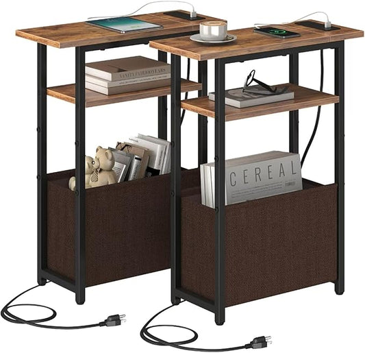Narrow Side Table with Charging Station Set of 2, Small End Table for Small Spaces, Skinny Nightstands Set 2 with Storage Basket,Sofa Bedside Tables for Living Room,Bedroom, Rustic Brown